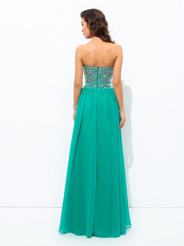 Vestidos largos de gasa sin mangas con escote corazón y cuentas, corte princesa/A